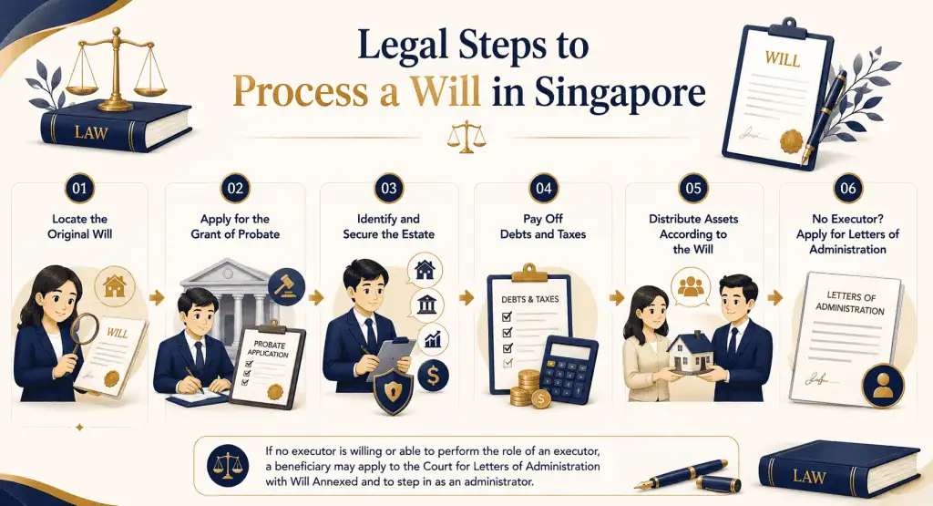 How to Process a Will after Death in Singapore? 3 infographic article about legal step process a will after death in singapore